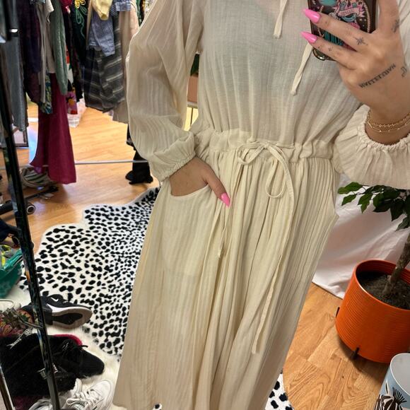 Long Sleeve Drawstring Detail Maxi Peasant Dress Ivory Size Small - Picture 3 of 5